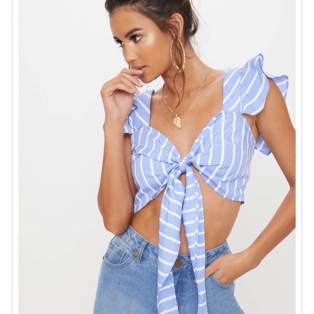 Blue Stripe Frill Tie Front Bralet